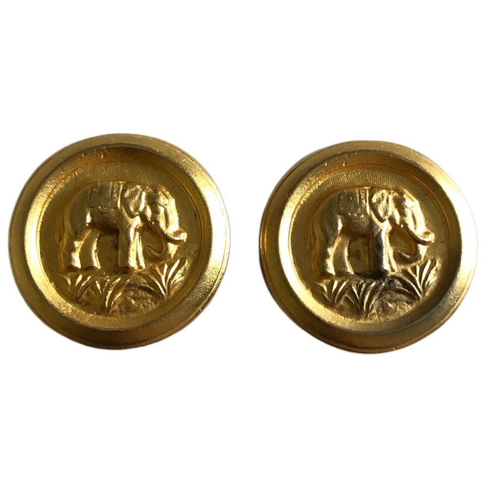 Ellen Designs Clip Button Earrings Brushed Gold Elephant Signed 1980s